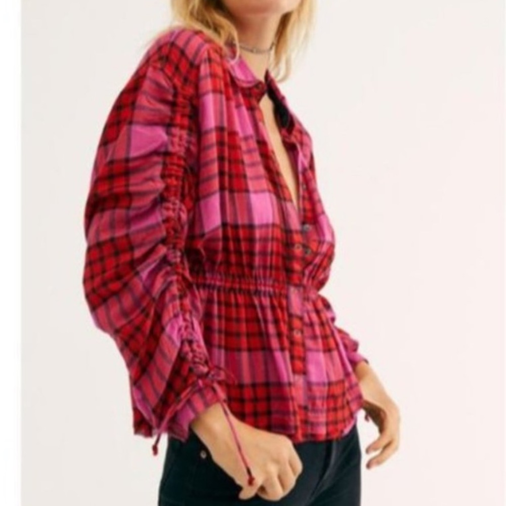FREE PEOPLE WOOL Pacific Dawn Plaid Distressed Dolman Button Down